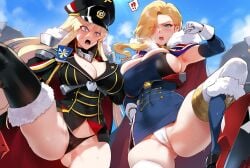 2girls ai_generated angry armpits ass_visible_through_thighs azur_lane bangs big_butt bismarck_(azur_lane) black_legwear black_panties blonde_hair blue_eyes blue_sky blush breasts cape cleavage clouds coat depressu eyebrows_visible_through_hair female from_below fur-trimmed_cape fur_trim gloves hair_over_one_eye hand_on_hip hat heart hood_(azur_lane) huge_breasts large_breasts leg_up light-skinned_female light_skin long_hair long_sleeves looking_at_viewer military_uniform multiple_girls open_mouth panties sky sweat thighhighs tongue underwear very_long_hair white_gloves white_panties yuri