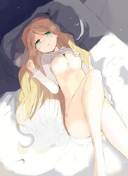 bed breasts brown_hair caitlin_(pokemon) crie elite_four face female female_only from_above green_eyes human legs long_hair lying nintendo no_bra no_pants on_back panties pillow pokemon pokemon_bw shirt_lift solo source_request top_lift underboob underwear very_long_hair