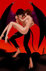 1boy 1boy1girl 1girls 70s akira_fudou breasts brown_hair demon devilman devilman:_the_birth female hairband human large_breasts light-skinned_female light_skin male miki_makimura nude red_background short_hair wings