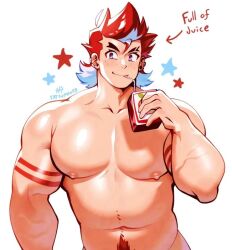 apple apple_juice bara biceps big_chest daichi_(sachuman) gay happy_trail huge_chest huge_pecs juice_box male male_only muscular muscular_male oc red_hair sachuman solo_male star tattoo two_toned_hair