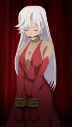 angel_wings bare_shoulders bondage bound breasts choker cleavage closed_eyes cuffs curtains dress feathered_wings female jewelry long_hair pointy_ears red_dress solo white_hair white_wings wings