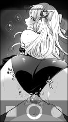 1boy ass bikini blush buttjob chaos_marie_(grimms_notes) fake_phone_screenshot fake_screenshot female grimms_notes hair_ribbon heart heart-shaped_pupils highres huge_ass looking_at_viewer maid maid_bikini monochrome navel open_mouth penis pov ribbon smile steam sweat swimsuit symbol-shaped_pupils uncensored unconventional_maid user_wcre4824