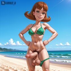 1futa ai_generated balls beach bikini brown_hair erect_penis erection flordulce futa_only futanari green_eyes hands_on_hips jimmy_neutron_boy_genius judy_neutron outdoors panties_around_one_leg penis pubic_hair seductive seductive_look seductive_smile solo_futa standing testicles