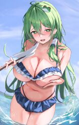 258n absurdres bikini blue_bikini blue_bra blue_panties bra breasts clear_sky commission female female_pervert frog_hair_ornament gohei green_eyes green_hair hair_ornament highres holding holding_gohei horny_female kochiya_sanae large_breasts long_hair nipple_slip nipples ocean panties pixiv_commission sanae_kochiya sky solo sparkling_eyes swimsuit touhou underwear very_long_hair