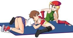 2girls ass ass_up b-intend blonde blonde_female blonde_hair blonde_hair_female boots breasts brown_hair cammy_white capcom eating_ass female/female female_focus female_on_female female_only girl_on_girl girls girls_only lesbian licking_ass multiple_girls only_female pussy sakura_kasugano shoes short_hair smiling street_fighter yuri