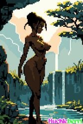 autumn belly_button big_breasts completely_nude completely_nude_female dark-skinned_female dark_skin female girl_only girls_only holding_waist huckleberri morning nature_background nude nude_female outdoors pixel_(artwork) pixel_art pixelated pond slender_legs slim_waist solo standing thick_thighs tied_hair wide_hips