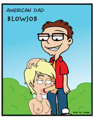 1girls american_dad black_eyes blonde_hair breasts brown_hair fellatio female glasses hairy_balls jessica_raplansky male nipples penis public short_hair steve_smith swapp