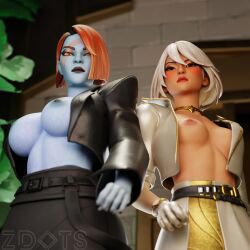 2girls 3d aphrodite_(fortnite) belts black_lipstick blender_(software) blue_skin blush brown_eyes calliope_brando flashing flashing_breasts fortnite fortnite:_battle_royale height_difference leather_jacket looking_at_viewer looking_down open_jacket orange_eyes partially_clothed red_hair side_by_side skirt standing tanned_skin white_hair zdots