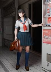 3d bag clothing dead_or_alive dead_or_alive_xtreme_venus_vacation female footwear human nanami_(doa) night pale_skin public sailor_uniform school_bag seifuku vending_machine wlfkty