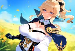 1girls ai_generated blonde_hair blue_eyes blushing_at_viewer cleavage genshin_impact henrik_n huge_breasts jean_gunnhildr light-skinned_female looking_at_viewer nipple_bulge nipples_visible_through_clothing novelai pale-skinned_female pov pov_eye_contact smiling_at_viewer thiccwithaq_(ai_style)