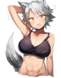 :d abs animal_ear_fluff animal_ears arm_behind_head arm_up armpits bad_id bad_pixiv_id bare_arms bare_shoulders black_tank_top blush breasts cleavage collarbone commentary_request crop_top cropped_torso female hair_between_eyes head_tilt inubashiri_momiji large_breasts looking_at_viewer midriff momiji_inubashiri navel no_headwear open_mouth red_eyes short_hair silver_hair simple_background smile solo stomach suminagashi tail tank_top touhou upper_body white_background wolf_ears wolf_tail