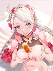 1girls absurdres ahoge alternate_costume artist_name blue_eyes blush braid breasts butterfly_wings capelet commission fairy_wings female fingernails fire_emblem fire_emblem_fates fire_emblem_heroes flower food grey_hair hair_vines hairband highres insect_wings large_breasts long_fingernails long_hair looking_at_viewer low_twin_braids low_twintails nail_polish nina_(fire_emblem) nina_(resplendent)_(fire_emblem) nintendo nipples non-web_source official_alternate_costume pink_capelet pink_flower pink_nails popsicle sexually_suggestive shiro_font solo tongue tongue_out twin_braids twintails white_flower wings