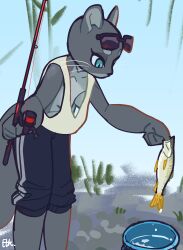 1girls 2024 ambiguous_gender breasts bucket female female_only fish fishing fishing_rod furry furry_only grey_body kemokin_mania ms._ota_(kemokin_mania) otter otter_ears otter_girl otter_tail signature small_breasts sunglasses teal_eyes whiskers