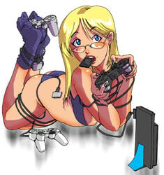 blonde_hair blue_eyes bound bra cable console dead_rising dualshock entangled glasses jessica_mccarney lingerie lowres memory_card panties playstation playstation_2 plug ps2 socks sony underwear wire