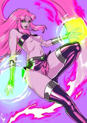 dc_comics energy_ball flaming_hair green_eyes hairy_pussy perky_breasts perky_nipples short_skirt starfire teen_titans thigh_highs