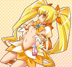 1girls blonde_hair bow clothing cure_sunshine dress female flat_chest heartcatch_precure! heartcatch_pretty_cure! itsuki_myoudouin katsuma_rei magical_girl midriff mouth_hold myoudouin_itsuki navel nipples orange_dress polka_dot_background precure pretty_cure shirt shirt_lift skirt small_breasts solo tied_hair twintails very_long_hair wristband yellow_background yellow_eyes