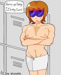 1boy arms_crossed arms_crossed_under_pecs bandanna_on_forehead blush brawl_stars bulge bulge_down_leg bulge_through_clothing buster_(brawl_stars) cartoony dick_print ginger grey_background hairy_arms hairy_chest hairy_male happy_trail highlights_(coloring) lean_muscle locker_room male_focus male_only man_boobs muscular_arms navel nipples pink_nipples plain_background purple_sunglasses showers stretch_marks sunglasses sweat sweating text_bubble towel_around_waist white_towel