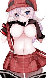 1girls arisa_iriinchina_amieera blue_eyes blush breasts female god_eater god_eater_burst hat highres large_breasts navel pantyhose pink_hair plaid shirt_lift skirt solo tartan tetsubuta