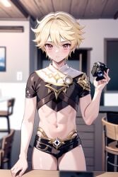 1boy aether_(genshin_impact) ai_generated camera femboy genshin_impact male male male_only rcos solo solo_focus solo_male twink yaoi