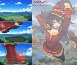 1girls 4koma ai_generated boots brown_hair cape city cityscape dspaceous english_text female female_only flat_chest from_above giantess implied_death kono_subarashii_sekai_ni_shukufuku_wo! megumin mountain robe solo vore yawn