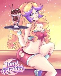 ass_on_table big_ass big_breasts blonde_hair booty_shorts cleavage clothing extremely_long_hair fat_ass heart_cutout honey_(space_dandy) ice_cream indie_virtual_youtuber logo looking_at_viewer lumi_celestine_(vtuber) multicolored_hair sneakers space_dandy thick_thighs virtual_youtuber vtuber waitress_uniform