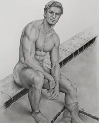 1boy abs biceps black_and_white brad_welch_art caucasian caucasian_male covering_crotch graphite_(artwork) instagram_model keith_manecke male male_only muscles muscular muscular_male pecs pencil_(artwork) real_person sitting solo solo_male uncolored