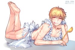 1boy apron apron_only barefoot bishonen blonde_hair crossdressing donquixote_rosinante feet_up frills full_body househusband housewife kiss_mark ladle lipstick_mark looking_at_viewer male male_only muscular naked_apron on_stomach one_piece red_eyes scars smile soles solo the_pose toned toned_male up_sanme