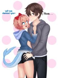 1boy 1girls ass ass_grab blush cosplay doki_doki_literature_club embarrassed english_text gawr_gura gawr_gura_(cosplay) hololive hololive_english hoodie mc_(doki_doki_literature_club!) sayori_(doki_doki_literature_club) sharp_teeth simple_background somnipheromone spats thighs virtual_youtuber