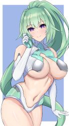 bare_midriff bare_shoulders big_breasts blush cleavage elbow_gloves female female_only front_view fully_clothed goddess green_hair green_heart light-skinned_female long_hair looking_at_viewer neptunia_(series) open_clothes ponytail purple_eyes revealing_clothes shiny_skin sideboob skimpy_clothes smile solo stiris_rangetsu thighs underboob vert