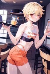 1boy aether_(genshin_impact) ai_generated femboy femboy_hooters genshin_impact hooters male male_only rcos solo solo_focus solo_male twink waiter yaoi