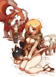 blonde_hair blush breasts brown_eyes canine cleavage clothing enek hisahiko holo kraft_lawrence legs medium_breasts miniskirt nora_arento open_mouth panties sheep skirt skirt_pull skirt_tug spice_and_wolf wolf