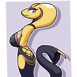 black_dress breasts chabble cobra dress modakawa_dress post_transformation purple_background snake snake_girl snake_hood snake_tail tail white_background