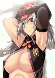 1girls areola_slip areolae arisa_iriinchina_amieera armpits blue_eyes breasts cleavage erect_nipples female female_only flapper_shirt god_eater god_eater_burst nipples solo utamaro white_hair