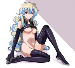 1girls antispiral_nia bottomless breasts cleavage corruption elbow_gloves gloves kenji_t1710 long_hair multicolored_hair navel nia_teppelin no_bra no_panties serious shirt_lift sitting solo tengen_toppa_gurren-lagann tengen_toppa_gurren_lagann thighhighs underboob very_long_hair