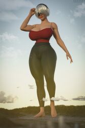 1girls 3d 3d_(artwork) android android_girl barefoot big_breasts breasts cameltoe city city_destruction clouds female female_focus female_only giant_woman giantess giga_giantess hips jgrfgts leather leather_clothing light-skinned_female light_skin nier nier:_automata robot robot_girl sky solo solo_female solo_focus tight_clothing tight_pants white_hair yorha_2b