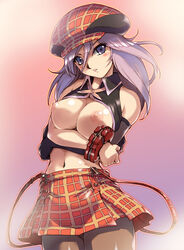 1girls arisa_iriinchina_amieera blue_eyes bracelet elbow_gloves female female_only fingerless_gloves gloves god_eater god_eater_burst hat hisahiko jewelry large_breasts pantyhose plaid_skirt purple_hair skirt solo suspenders tartan thighhighs