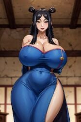 1girls ai_generated asian asian_female big_breasts black_hair braided_hair brown_eyes cleavage curvaceous erect_nipples eyes eyeshadow fairy_tail female female_focus female_only lipstick looking_at_viewer minerva_orlando standing thick thick_thighs unartist voluptuous voluptuous_female