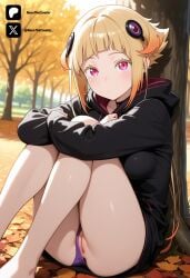 1female 1girl ai_generated anus anus_focus ass ass_focus autumn_leaves bare_legs barefoot black_hoodie black_jacket blonde_hair blunt_bangs blush breasts capella_emerada_lugunica choker closed_mouth colored crossed_arms day female from_front front_view hair_ornament hood hood_down hoodie jacket knees_up light-skinned_female light_skin long_sleeves looking_at_viewer medium_breasts multicolored_hair naked naked_female novathecreator nude nude_female oiled_skin orange_hair outdoors panties partially_visible_vulva pink_eyes purple_panties pussy re:zero re:zero_kara_hajimeru_isekai_seikatsu sexy sexy_body sexy_pose shiny_skin sidelocks sitting solo sweat sweatdrop sweating tits tree uncensored underwear vagina visible_pussy visible_vagina vulva