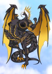 absurd_res animal_genitalia animal_humanoid anthro big_breasts black_body black_nipples breasts dragon dragon_humanoid dragon_tail dragon_wings genitals gynomorph hi_res horn huge_breasts humanoid hyper hyper_breasts intersex markings membrane_(anatomy) multi_genitalia multi_penis mythological_creature mythological_scalie mythology nipples olexa_vrane penis questzer scalie solo triphallia yellow_membrane