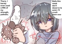 1girls atotama ballbusting castration cock dick english_text eyebrows_visible_through_hair female femdom genitals grabbing_balls hair_between_eyes open_mouth original penis squeezing squeezing_balls testicles text woman