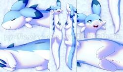 2024 3_fingers 3_toes anus bedroom_eyes blue_eyes blush body_pillow chillet dakimakura_design dakimakura_pillow digital_media_(artwork) feet female feral fingers genitals hi_res looking_at_viewer lying narrowed_eyes nude on_back on_model on_side open_mouth open_smile pal_(species) palworld pillow pocketpair presenting presenting_pussy pussy pyritie seductive sleeping smile snow solo text toes watermark