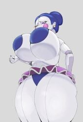 ballerina ballora ballora_(fnafsl) big_breasts blue_hair blue_highlights blue_panties closed_eyes earrings female five_nights_at_freddy's five_nights_at_freddy's:_sister_location huge_breasts mommy neffsafeforwork pasties pink_cheeks purple_dress purple_eyes robot_girl thick_thighs underboob white_body