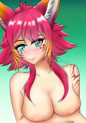 1girls areolae arms_under_breasts blush breasts commission emberthefoxx female female_only fox_ears green_eyes lucyluvt nipples nude red_hair shy simple_background solo solo_female virtual_youtuber vtuber