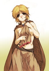 blush breasts cape clothing hisahiko medium_breasts nora_arento pointy_chin spice_and_wolf topless