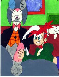 anthro cartoon_network clothing cum doc_icenogle female foster's_home_for_imaginary_friends frankie_foster handjob human indoors interspecies male mr._herriman penis rabbit red_hair straight tagme toony