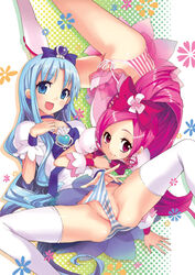 2girls blue_eyes blue_hair bow clothing cure_blossom cure_marine erika_kurumi female heartcatch_precure! heartcatch_pretty_cure! long_hair magical_girl multiple_girls otabe_sakura panties pink_eyes pink_hair ponytail precure pretty_cure side-tie_panties smile stockings striped striped_panties thighhighs tied_hair tsubomi_hanasaki underwear very_long_hair white_legwear white_thighhighs yuri