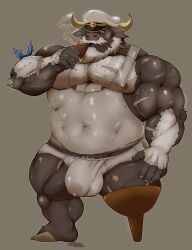 abs ahab_(tokyo_afterschool_summoners) anthro beard belly biceps big_bulge black_body black_fur bodily_fluids bovid bovine briefs bulge cigar clothing facial_hair fur genital_fluids hair hi_res horn huge_bulge lifewonders male mammal mature_male musclegut muscular navel nipples pecs pegleg precum precum_through_clothing scar smoking solo tenjyo_k tokyo_afterschool_summoners true_buffalo underwear water_buffalo wet wet_clothing white_hair