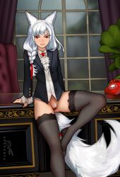 animal_humanoid anthro bottomless breasts canid canid_humanoid canine canine_humanoid chair clothed clothing dragonfu female footwear furniture genitals hair hi_res high_heels humanoid legwear looking_at_viewer mammal mammal_humanoid pubes pussy red_eyes shinyuu_(character) solo tail thigh_highs white_hair white_tail wolf_humanoid