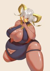 arknights bbw belly_button belly_overhang boob_window carnelian_(arknights) carnelian_(shining_dew)_(arknights) fat_female fat_fetish glasses horns huge_belly huge_breasts huge_thighs red_eyes skindentation slim tan_body weight_gain white1st white_hair