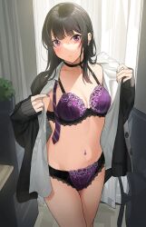 1girls black-haired_gal_(tipii) black_choker black_hair black_jacket blush bow bow_bra bra breasts choker cleavage closed_mouth clothing collared_shirt ear_piercing emotionless emotionless_female female indifferent indoors jacket large_breasts legs_together long_hair long_sleeves looking_at_viewer matching_underwear nail_polish navel_piercing no_pants open_clothes open_shirt original panties piercing purple_bra purple_eyes purple_nails purple_panties shirt solo standing stomach thighs tipii underwear undressing white_shirt